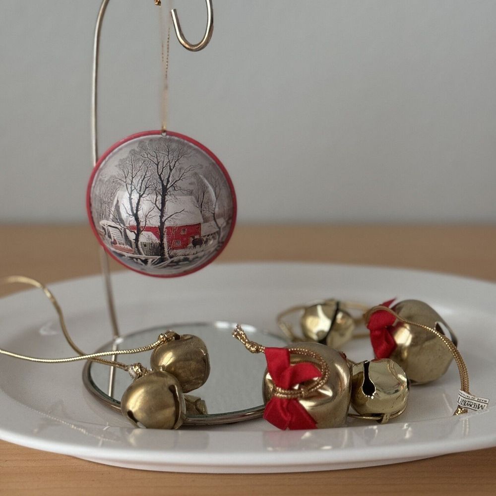 Vtg Courier & Ives Jingle Ball + Gold Tone Bells Christmas Ornaments Mixed Lot